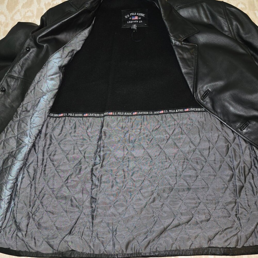 U.S. Polo Assn. Black Leather Jacket Men's Medium Outerwear Quilted Lining - Picture 12 of 16